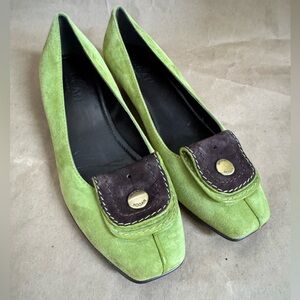 Hogan Green and Brown Suede 1” Kitten Heel Pumps. Size 7